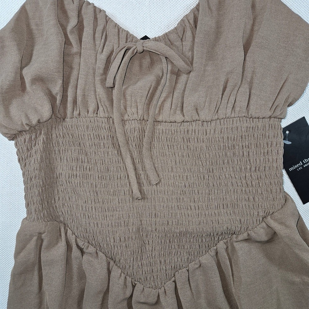 NWT Mixed Threads L A Brown Smocked Shirred Bodice Tie Neck Cami Mini Dress M - Picture 3 of 7
